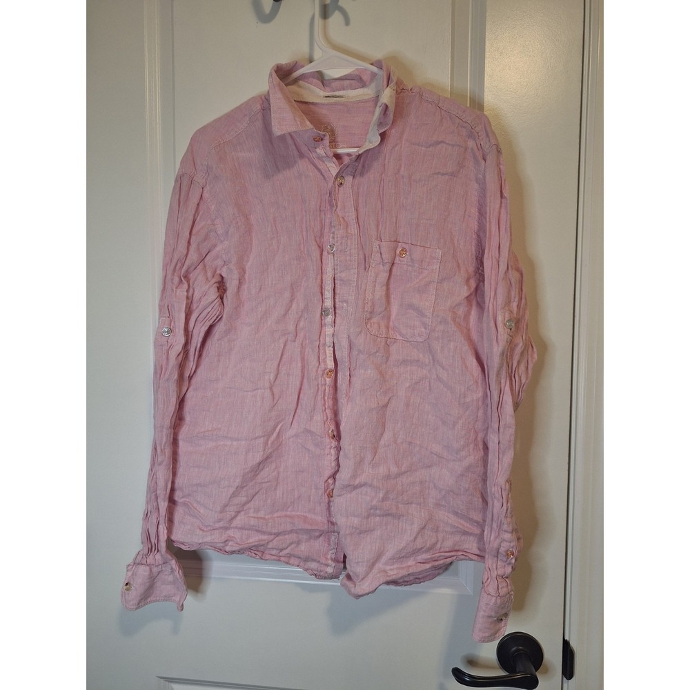 Men's Pink Bugatchi Linen Button‎ Down Ling Sleeve Shirt Large EUC